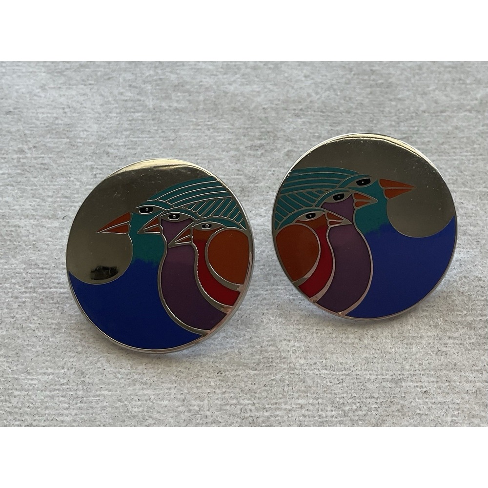 vintage Laurel Burch "Celestial Birds" enamel Post Earrings Estate Jewelry
